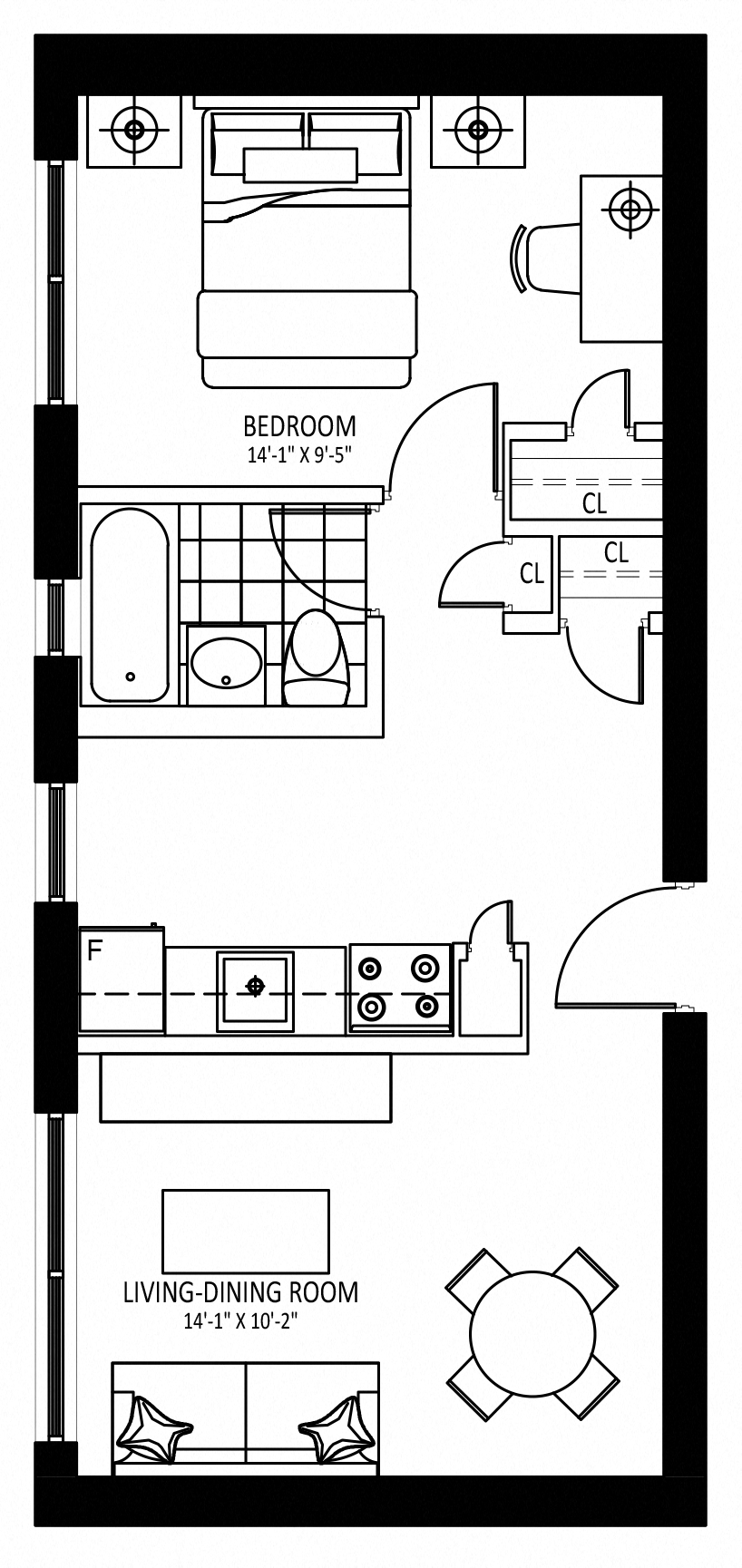 Floor plan for 1 bed, 1 bath, 541 sqft